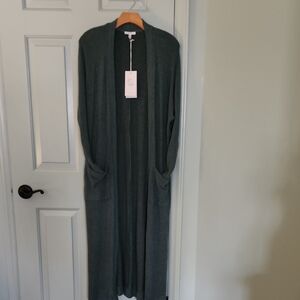Johnny Was Long Open-Front Duster Cardigan in Dark Jade Green